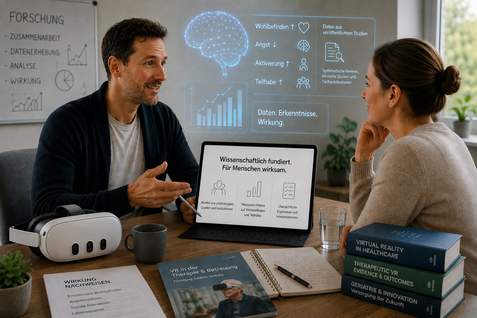 Zwei Personen besprechen am Laptop wissenschaftliche Daten und Fachliteratur zu Virtual Reality in Pflege und Therapie.