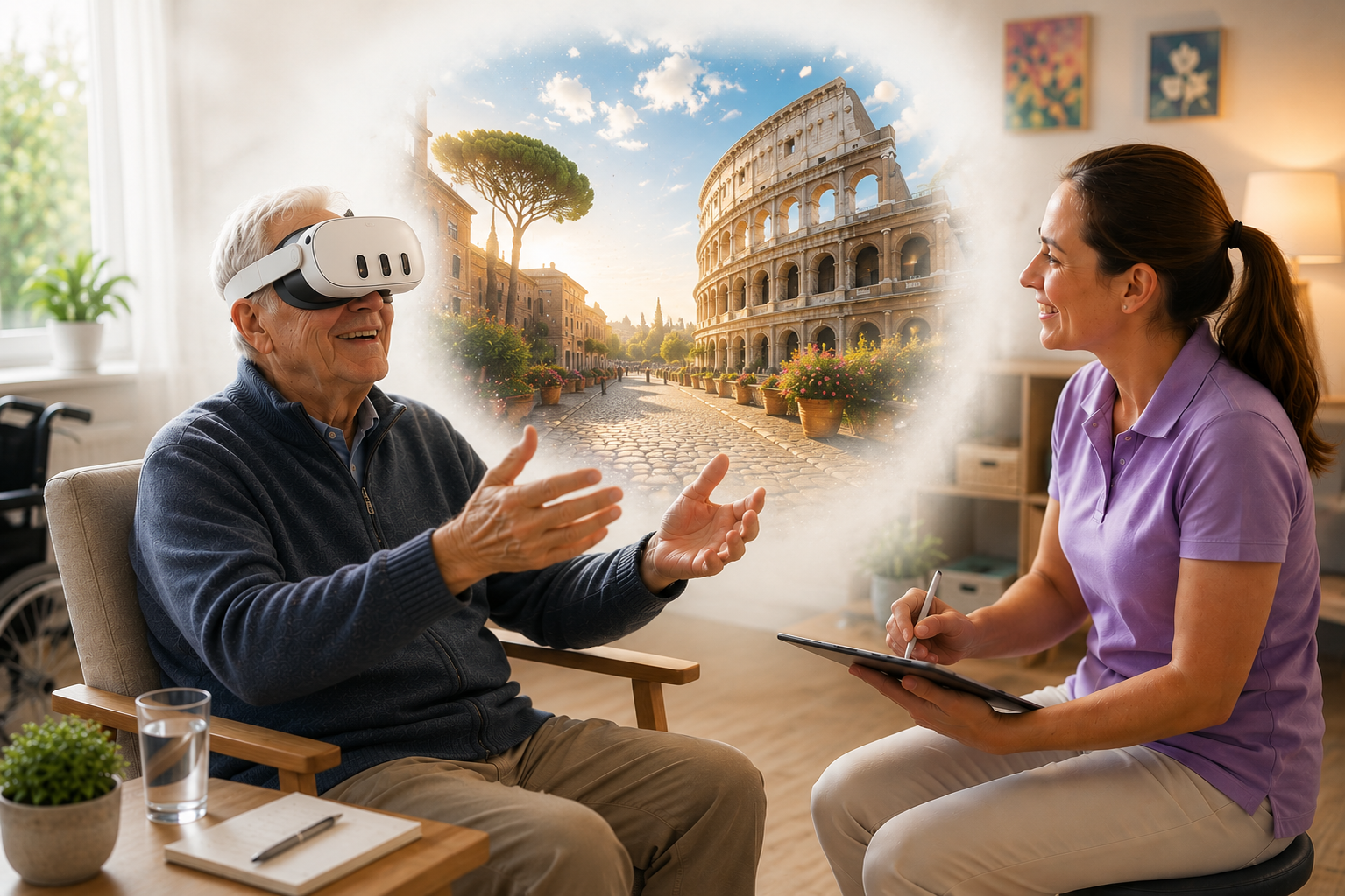 Ein älterer Mann mit VR-Headset streckt lächelnd die Hände nach einer schwebenden Erinnerungsszene mit einer historischen Stadtstrasse aus, eine Betreuungsperson sitzt gegenüber und macht Notizen auf einem Tablet.